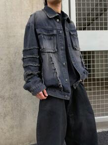 Manfinity EMRG 男士休闲水洗渐变磨边牛仔夹克 - 深色水洗藍 - 查看 6