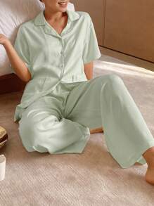 DAZY 缎面拼色短袖衬衫和裤子设计宽松睡衣套装
