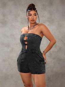 SHEIN ICON Mono vaquero sin mangas con botones metálicos y cremallera en talla grande