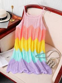SHEIN Tween Girl European Style Multi-Color Hollow Out Beach Pastel Camisole Dress Pullover Sundress, Versatile Outer Wear, Spring/Summer Summer Holiday - Multicolor - View 2