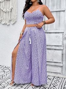 SHEIN VCAY Ensemble deux pièces grande taille style vacances, débardeur fleuri décontracté et jupe fendue haute. Ensemble deux pièces femme floral sexy pour les vacances