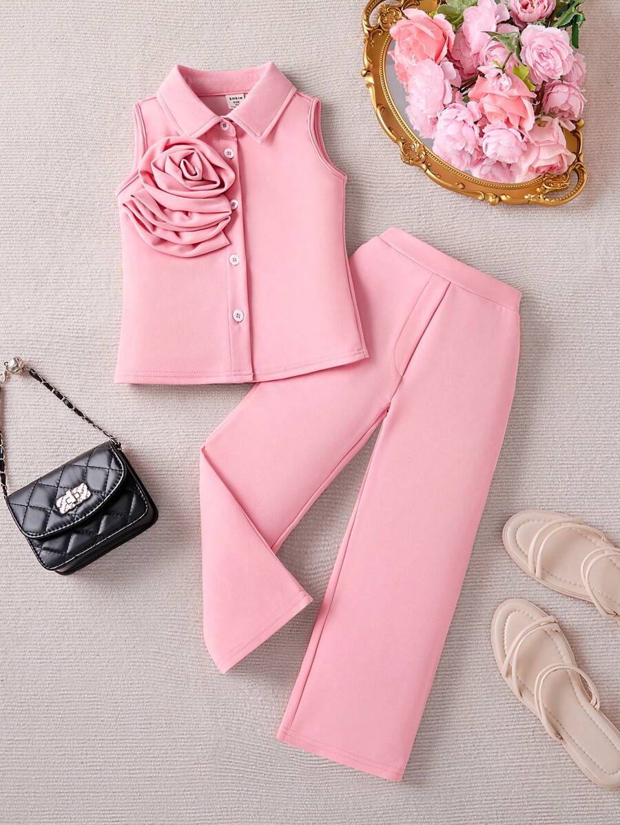 年轻女孩纯色花卉装饰无袖衬衫和裤子休闲两件套 - 粉色 - 查看 1