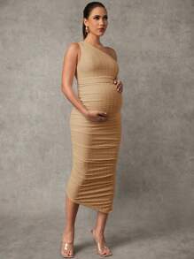 MaterniChic Pregnant Women's Solid Color Sleeveless Ruched Fitted Dress Maternity Dress - Khaki - View 7