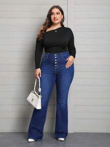Plus Size Women Elastic Waist Multi-Button Design Skinny Flare Jeans - Blue - View 5