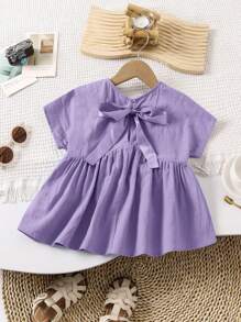 SHEIN LMoss Kids LMoss Young Girl Young Girl Woven Solid Color Loose Casual Blouse With Round Neck & Bowtie - Purple - View 1