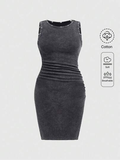 Grunge Punk Plus Size Women Punk Style Sleeveless Dress With Rivet Decor