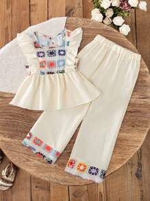 SHEIN 2pcs/Set Young Girl Summer Retro Print & Ruffle Trim Halter Top And Flare Pants Set - Apricot - View 1
