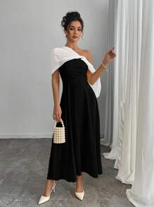 SHEIN Unity Women's Solid Color Elegant Long Dress With Shawl, Spring/Summer - Black - View 3