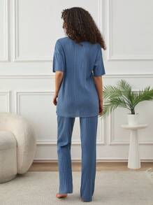 RueChic Women Contrast Colur Slogan Pattern Homewear Basic Lounge Set - Royal Blue - View 2