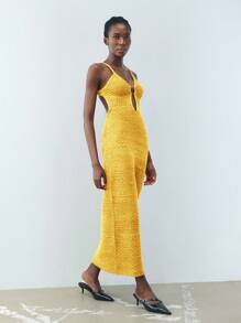 Maija 春夏新款黄色圆形金属纽扣假日优雅现代女式毛衣裙适合外出度假、节日、日常休闲、海滩婚礼、情人节派对穿着老款90年代女装波西米亚风