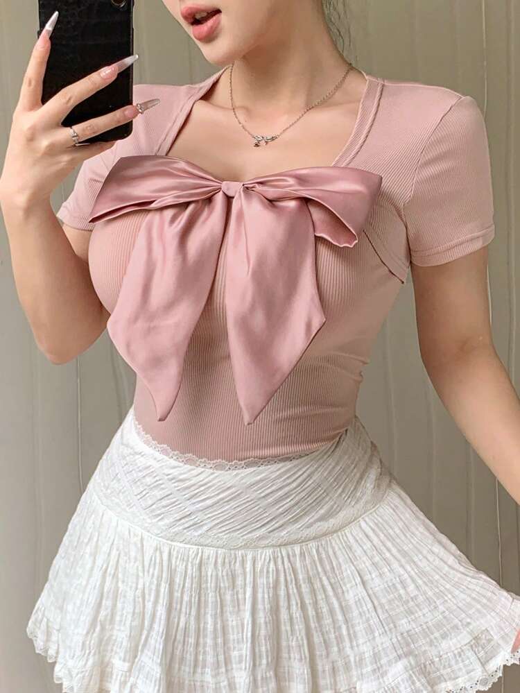 Sexy Square Neck Bow Decor Fitted Women Short Sleeve T-Shirt Summer Valentine's Day
