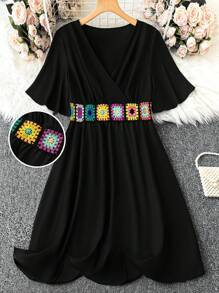 SHEIN CURVE+ Plus Size Summer Woven Band Patchwork Casual Dress - Black - View 1