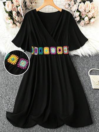 SHEIN CURVE+ 大码夏季编织带拼接休闲连衣裙