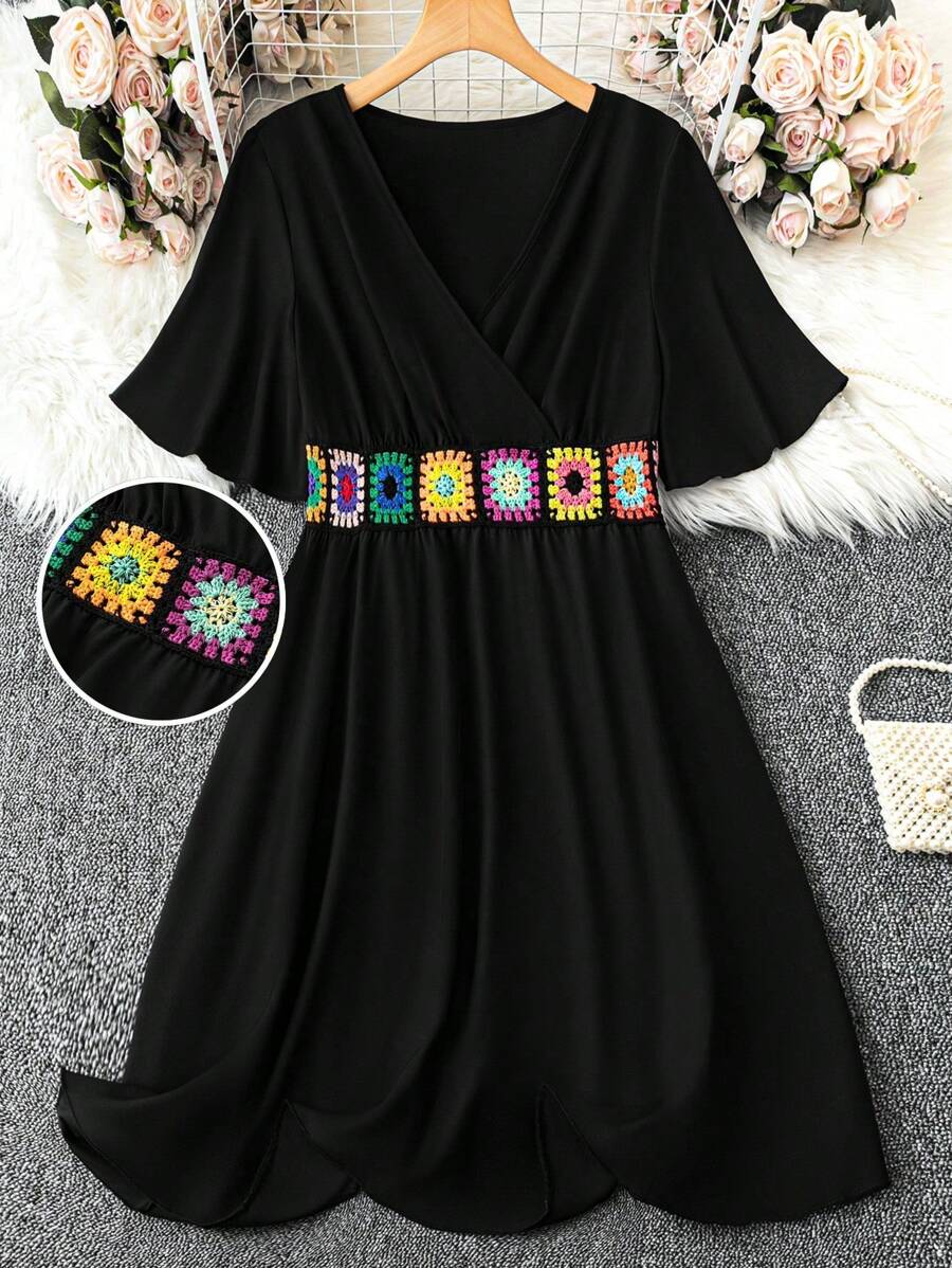 SHEIN CURVE+ Plus Size Summer Woven Band Patchwork Casual Dress - Black - View 1