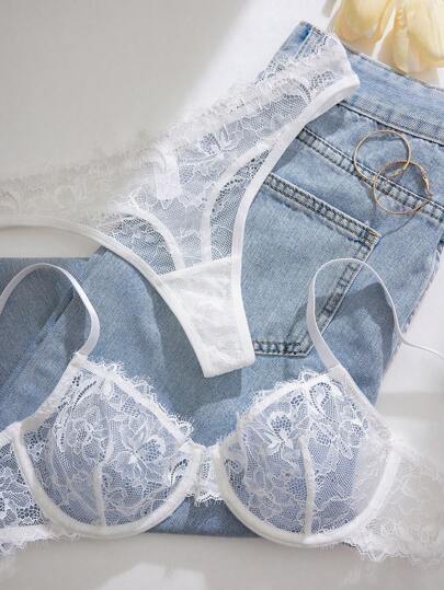 Kanten Underwire Thin Bottom Lingerie Set Includes BH String Slipje view 4