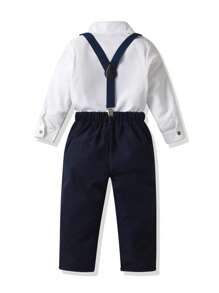 SHEIN 2 件套年轻男孩套装：纯色长袖衬衫和背带裤，绅士风格