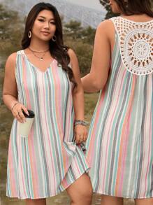 SHEIN LUNE Vestido sin mangas de talla grande de 100% algodón con rayas de colores para resort, uso de verano, vacaciones, uso diario al aire libre, vestido bohemio/estilo boho, esencial para llevar al resort