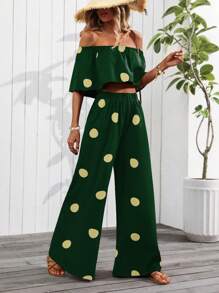 SHEIN Clasi Off Shoulder Polka Dot Print 2 Pieces Set (Asymmetric Cut Pattern) - Dark Green - View 5