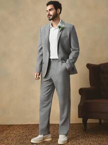 Manfinity NXTstreet 2 件套男士休闲编织花卉印花夹克和中腰裤套装 - 灰色 - 查看 4