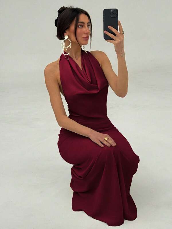 Aloruh Minimalist Commuter High-Neck Asymmetric Hem Bodycon Long Dress With Neck Tie And Backless Design For Women,Summer Dresses For Women Dresses For Wedding Event