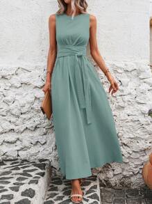 Solivie 女士纯色圆领无袖腰系带口袋休闲连衣裙 - 藍色 - 查看 3