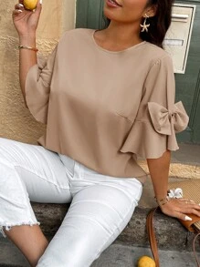 SHEIN Clasi Casual Vacation Style Solid Color Bow Decor Plus Size Shirt - Brown - View 1