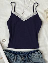 SHEIN Tienermeisjes marineblauwe en witte ballerina-stijl tanktop met kant