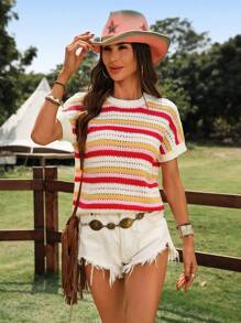 SHEIN LUNE Rave Concert Country Concert Rave Festival Casual Drop Shouldered Rainbow Striped Hollow Out Knitted Top, Elegant For Vacation & Going Out Women - Multicolor - View 5