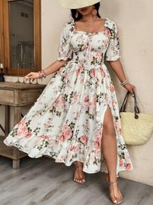 Weeklong 加大码女式优雅法式淑女时尚个性化百搭泡泡袖收腰修身长裙，适合日常、外出、通勤 - 彩色 - 查看 5