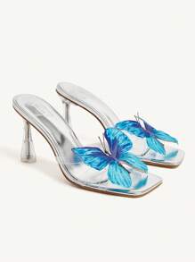 CUCCOO CHICEST Women's Silver Square Toe Transparent PVC Colorful Butterfly Decor Clear High Heel Slide Sandals - Silver - View 11