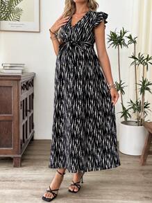 SHEIN Maternity Cap Sleeve Black Striped Deep V-Neck Ruffle Cuff Maxi Dress - Black - View 5