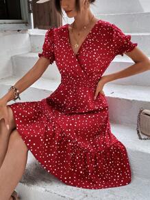 Breezaya 度假休闲圆点印花泡泡袖连衣裙 - 紅色 - 查看 5