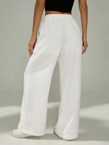 SHEIN PETITE Women Solid Color Waist-Tie Pockets Straight-Leg Pants,Business Casual Woman