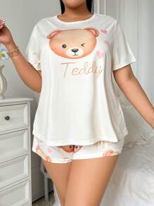 SHEIN Pijama de manga corta con estampado de oso de dibujos animados lindo y cuello redondo, short, talla grande