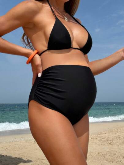 SHEIN Maternity Swimwear Bottom High Waist Full Coverage High Compression Side Ruched Plus Size Swim Shorts For Summer Beach Vacation
