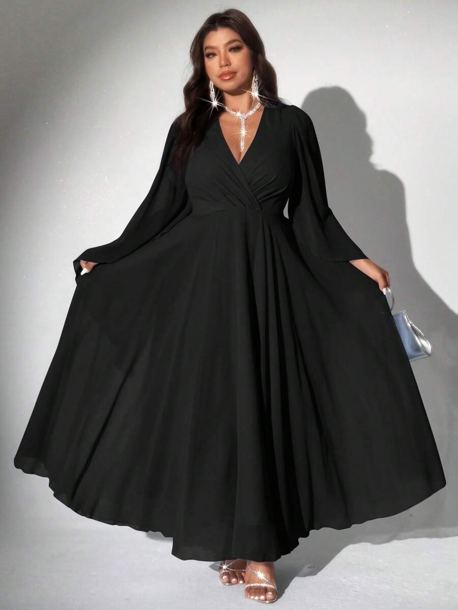 Viva Relle 大码女式纯色 V 领长袖优雅连衣裙