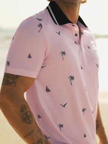 Manfinity VCAY 男士针织修身常规肩翻领短袖休闲Polo衫，适合夏季。夏季Polo衫沙滩男士粉色男士衬衫情人节男士 - 彩色 - 查看 7