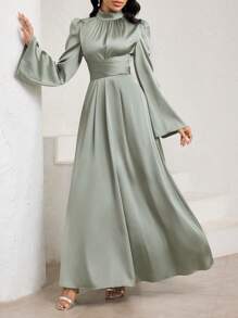 Veilorie Women's Solid Color Stand Collar Lantern Sleeve Elegant Arabian Dress Women Formal Party - Green - View 5