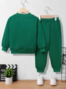 2入組男孩可愛舒適兔子圖案絨毛衫和慢跑褲套裝 - 綠色 - 查看 2