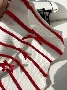 SHEIN EZwear Pull tricoté à rayures bicolores avec nœud décoratif, taille grande