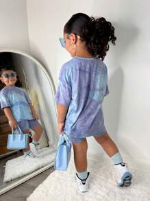 SHEIN SLAYR KIDS Young Girl Casual Tie-Dye Print Round Neck Loose T-Shirt & Form-Fitting Leggings 2 Pieces Set For Young Girls - Blue - View 2