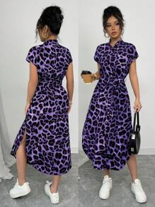 Chiquease Women's Casual Vacation Travel Leopard Print Front Button Shirt Belt Bow Pocket Side Slits 2025 Summer New Short Sleeve Long Dress
