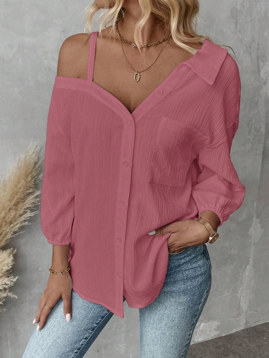 SHEIN Essnce 女装春秋纯色不对称领落肩宽松休闲衬衫春夏新款时尚街头风格休闲不对称肩衬衫 - 藕粉色 - 查看 1