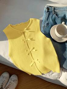 Comfortcana Blus Rajut Berongga dengan Hiasan Pita Kasual Musim Panas, Atasan Kuning Mentega - Kuning - View 4