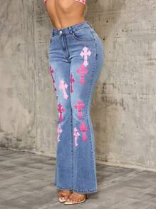 SHEIN SXY Pantalones vaqueros con vuelo estampados de mujer casuales - Azul - Ver 6