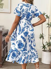 SHEIN Maternity Casual Full Print Ruffled Tie Wrap Dress - Blue - View 2