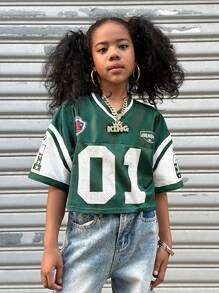 Coolane Kids 少女夏秋街头风闪亮透气网眼数字图案绿色V领短袖针织T恤，返校季，Y2K风格，针织T恤 - 綠色 - 查看 7