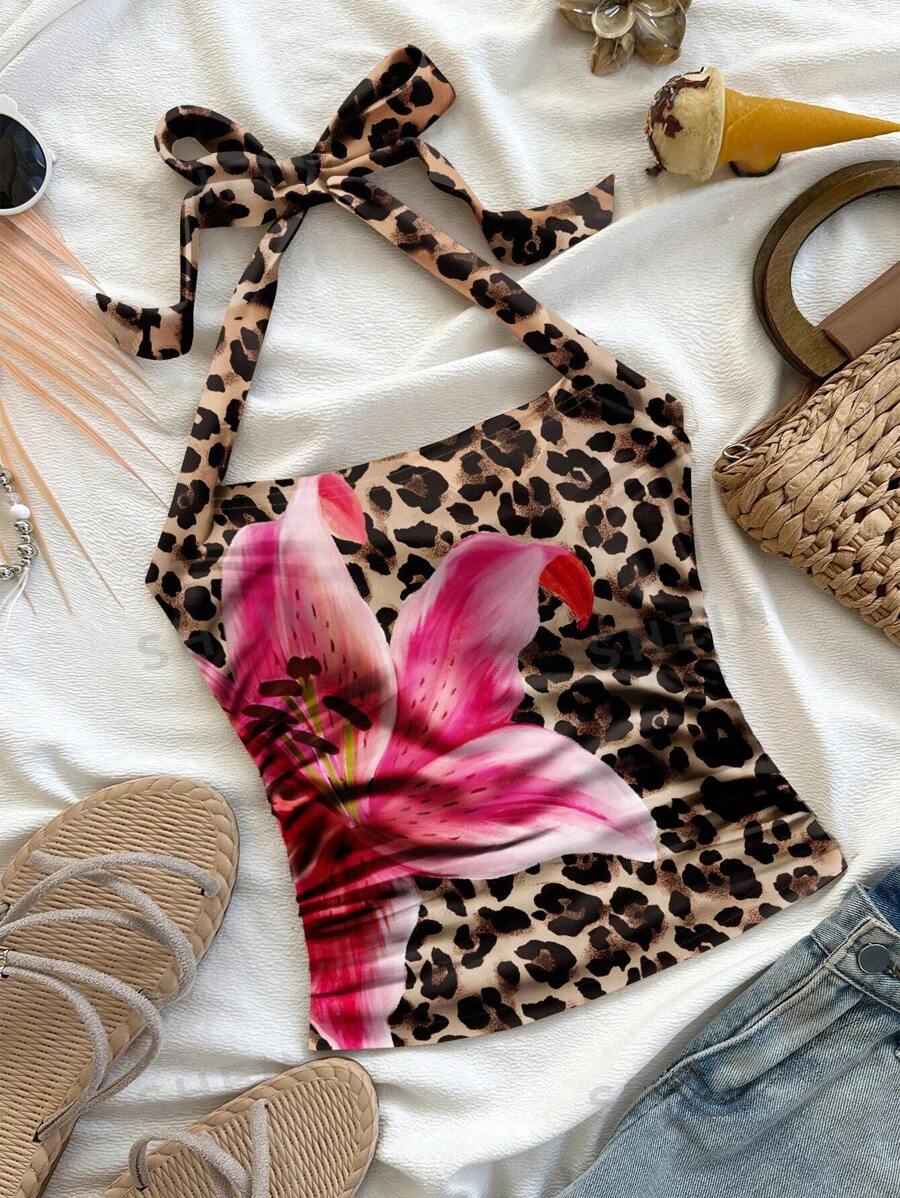 Soleia Tricot alb cu imprimeu leopard, crin și hibiscus, tricotat cu spate curse, potrivit pentru femei, vacanță la plajă, potrivit pentru vară