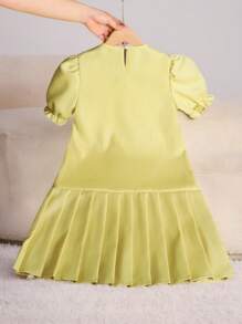 SHEIN Tween Girl Solid Color Puff Sleeve Bow Pleated Hem Dress,Holiday,Summer,Travel