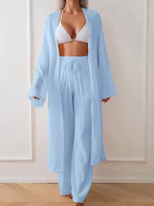Swim Chiccia Áo choàng kimono rộng rãi buộc dây phía trước màu trơn đơn giản cho nữ - Màu xanh nhạt - Xem 5